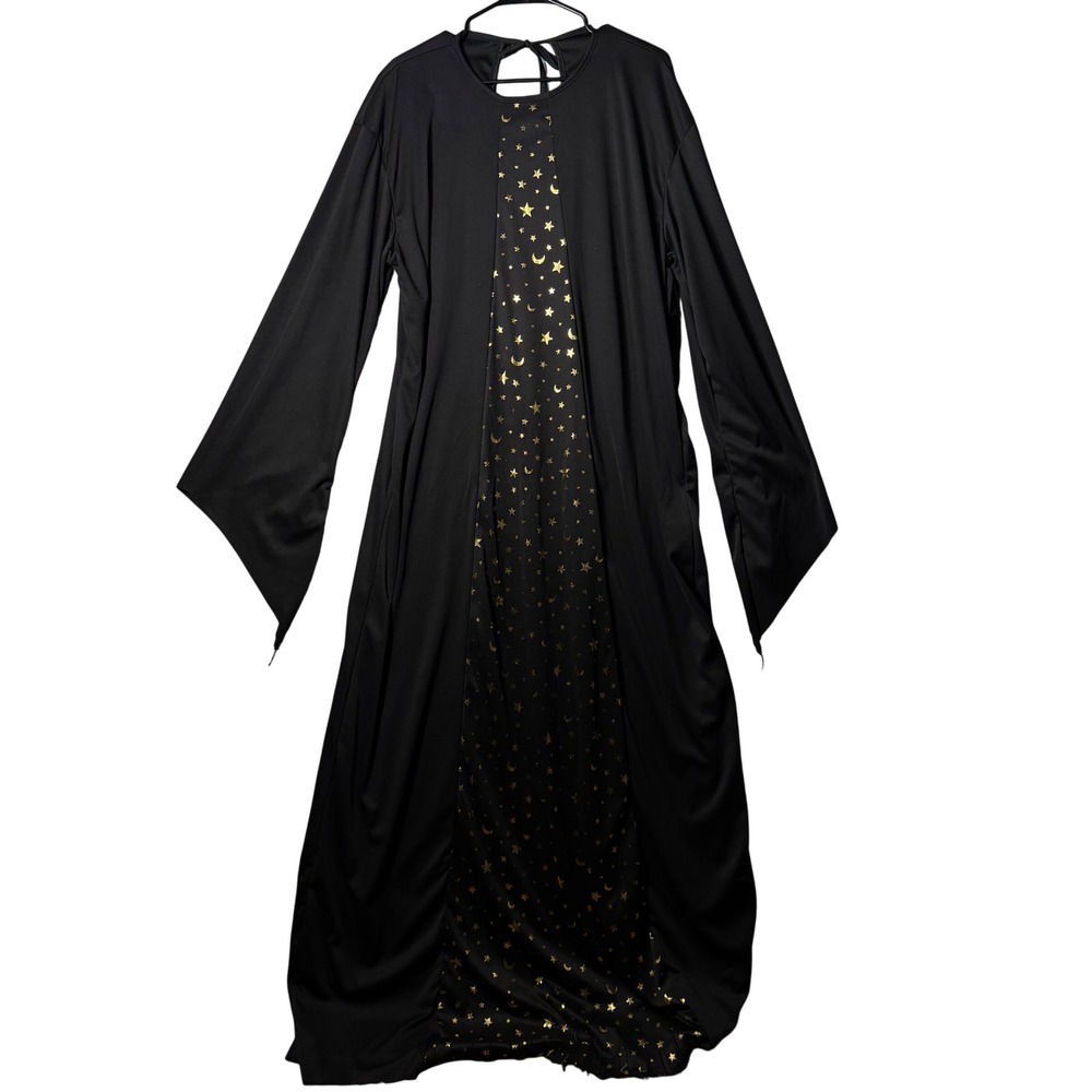 Vintage Celestial Wizard Sorceress Robe Gown Black Gold Stars Moon Costume XL-2X